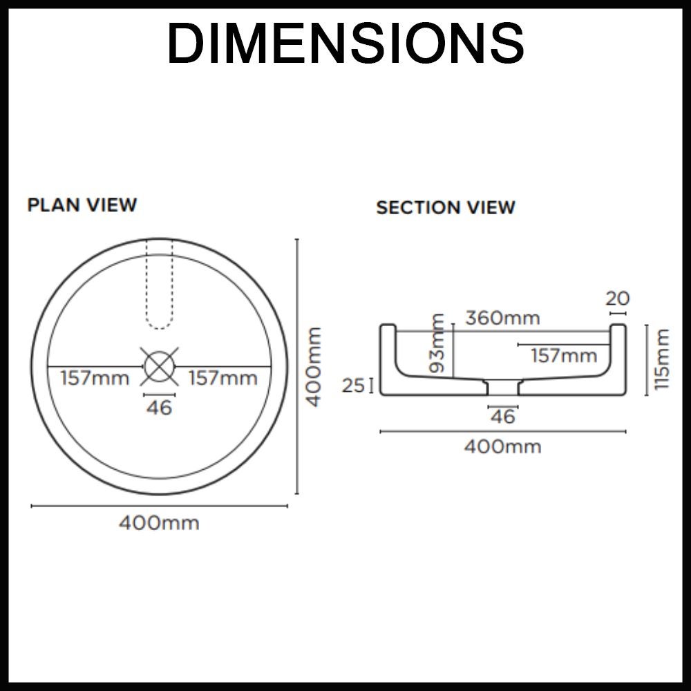dimension diagram for Nood Co round concrete basin 400mm diameter
