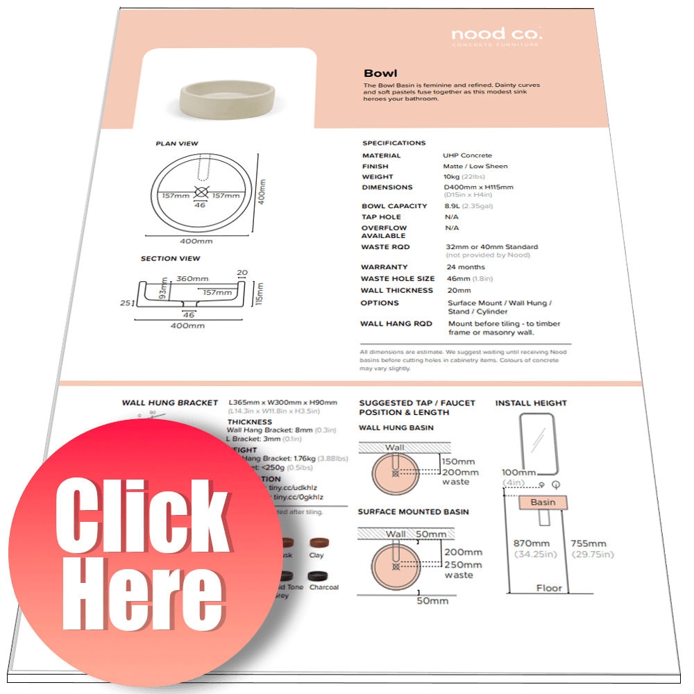 Nood Co - Round Concrete Basins - Surface Mount - Vanity Guide and Specifications Sheet