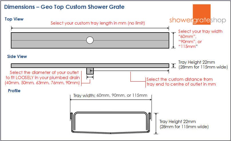 Geo Top Shower Grate - Custom Sizes - 316 Stainless Steel