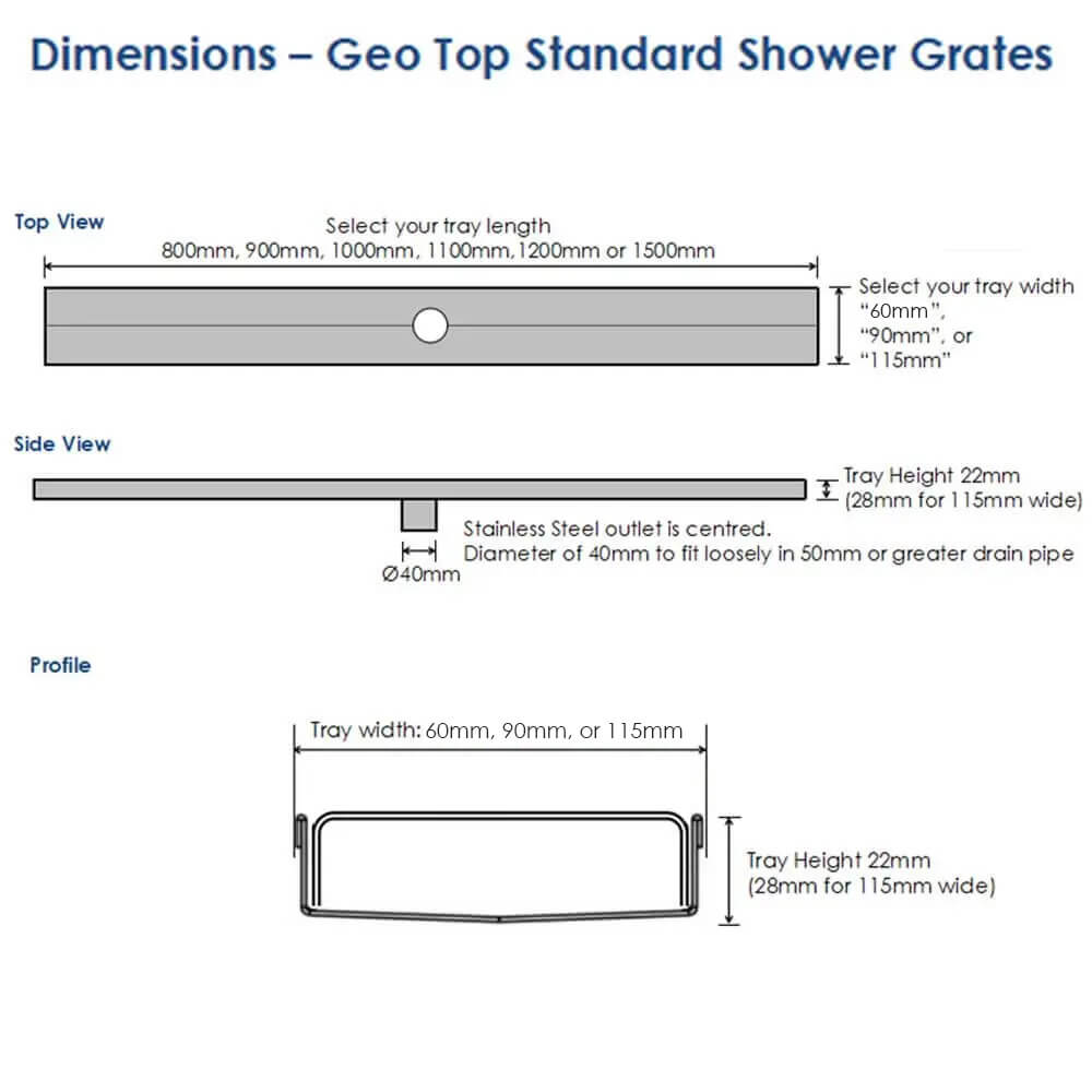 Geo Top Shower Grate/Channel - Standard Sizes