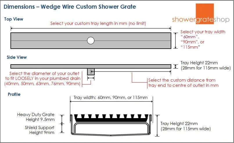 Wedge Wire Grate - Custom Sizes - Dimensions