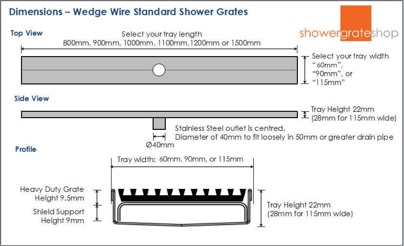 Wedge Wire Shower Grate/Channel - Standard Sizes