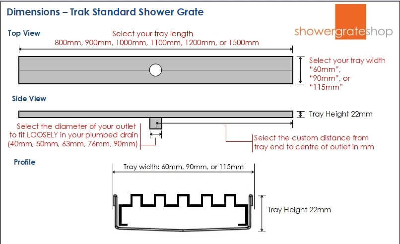 Trak Shower Grate - Standard Sizes - 316 Stainless Steel