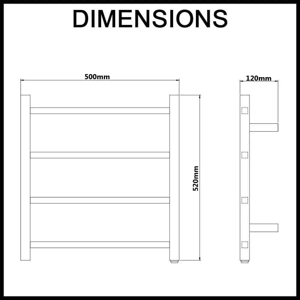 4-Bar Electric Heated Towel Rack - Square Bars Dimensions