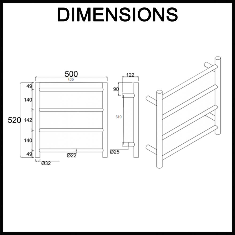 4-Bar Electric Heated Towel Rack - Round Bars Dimensions