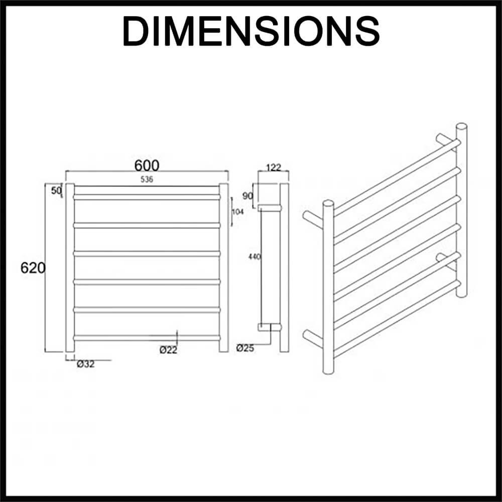 6-Bar Electric Heated Towel Rack - Round Bars Dimensions