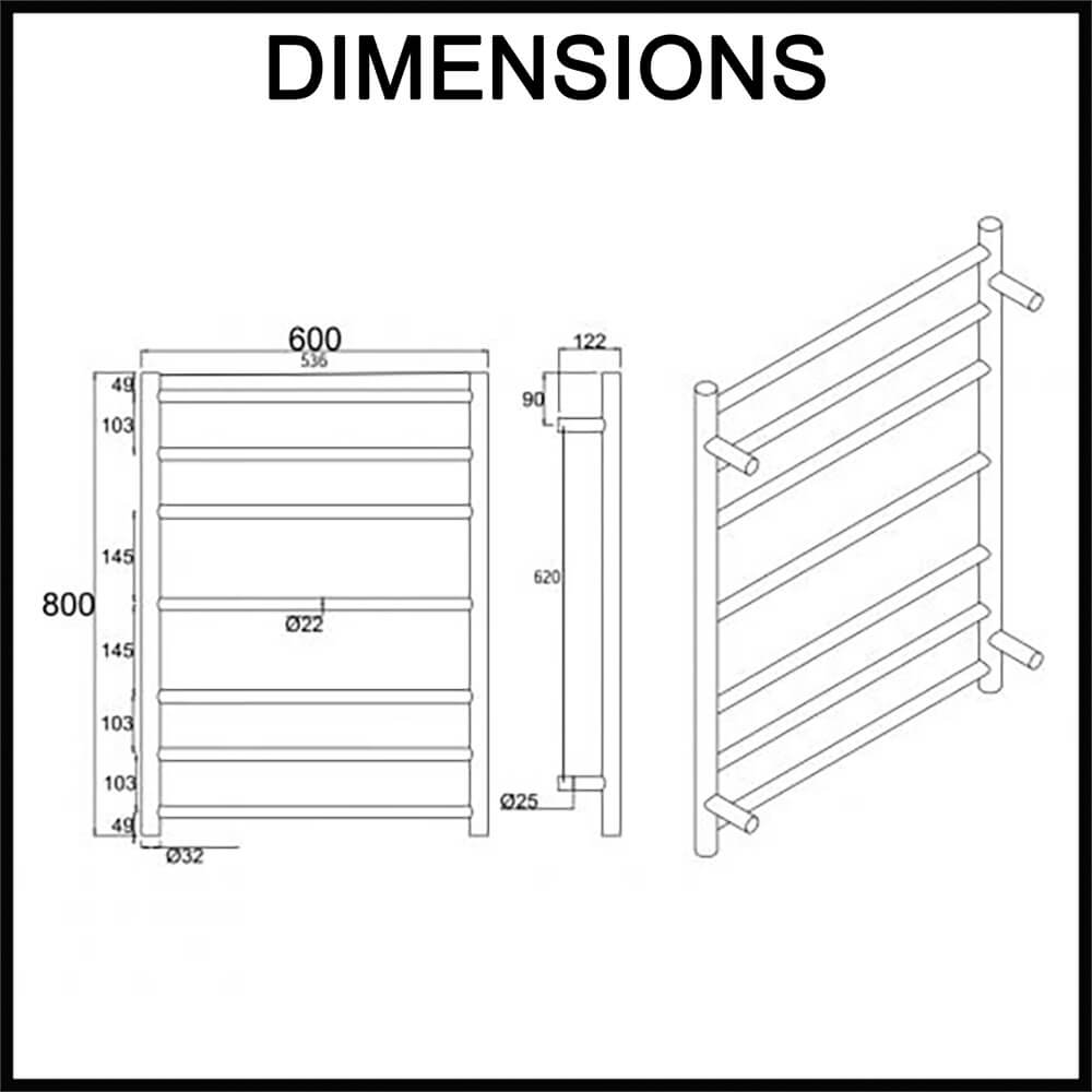 7-Bar Electric Heated Towel Rack - Round Bars Dimensions
