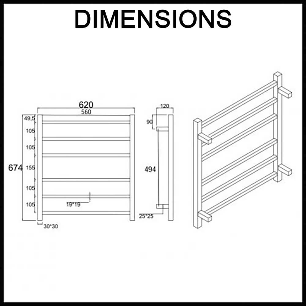 6-Bar Electric Heated Towel Rack - Square Bars Dimensions