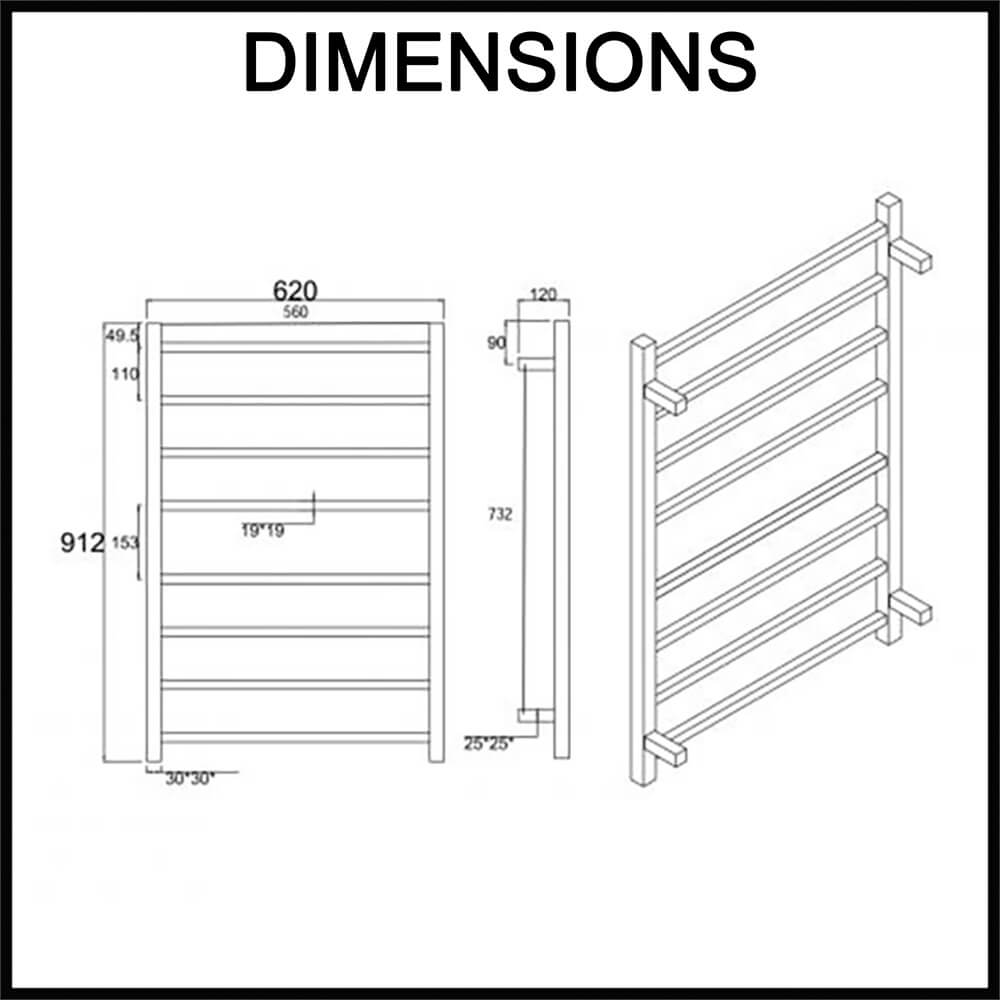 8-Bar Electric Heated Towel Rack - Square Bars Dimensions