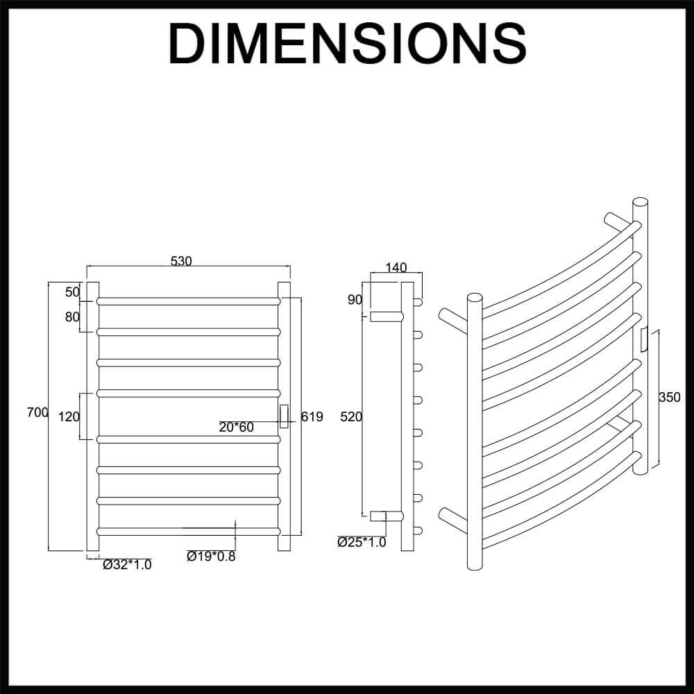dimensions wall mounted bathroom heated rail 8 bars