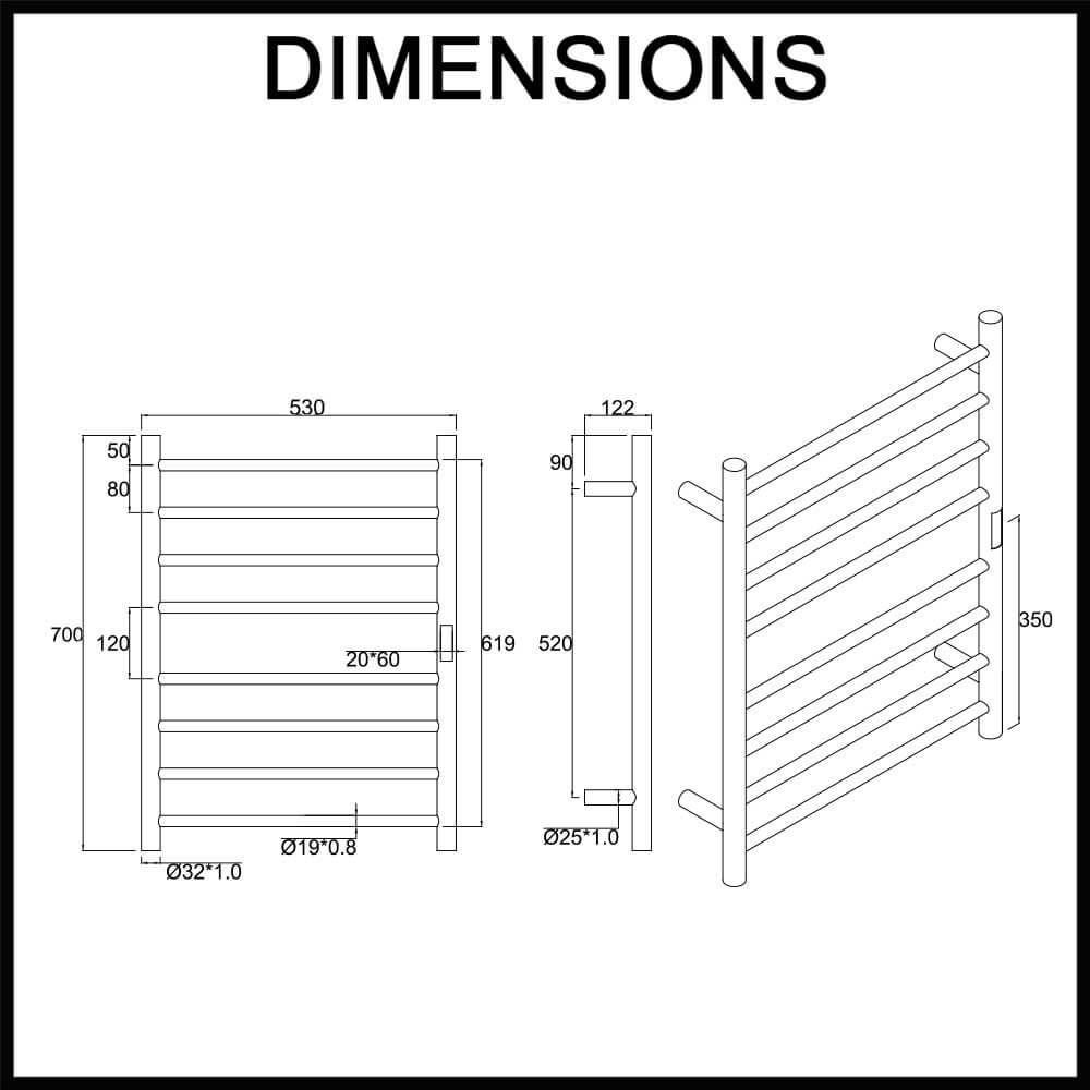dimensions wall mounted bathroom heated rail 8 bars