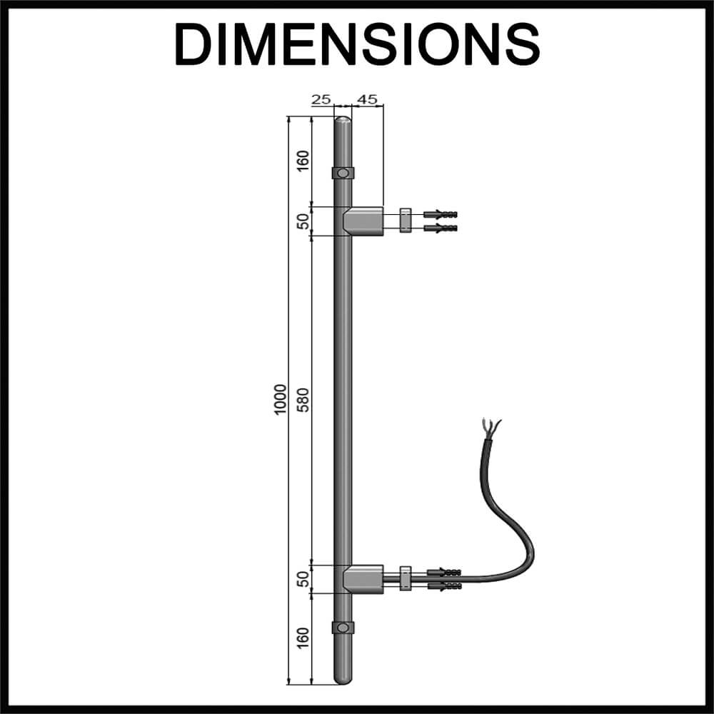 Meir Vertical Heated Towel Rail - W25mm x H1000mm - Dimensions