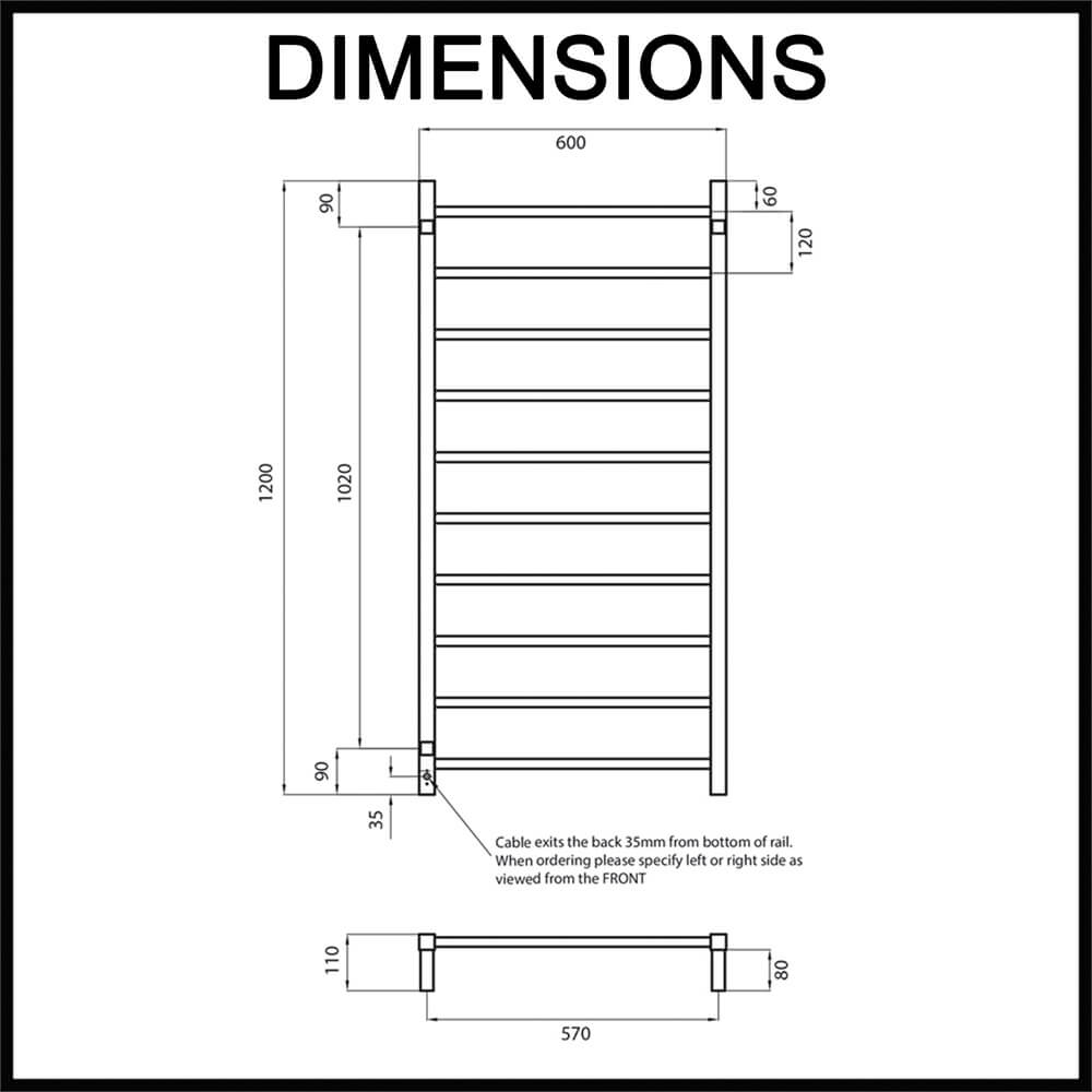 Radiant STR02 Square Bar Heated Towel Rail Dimensions