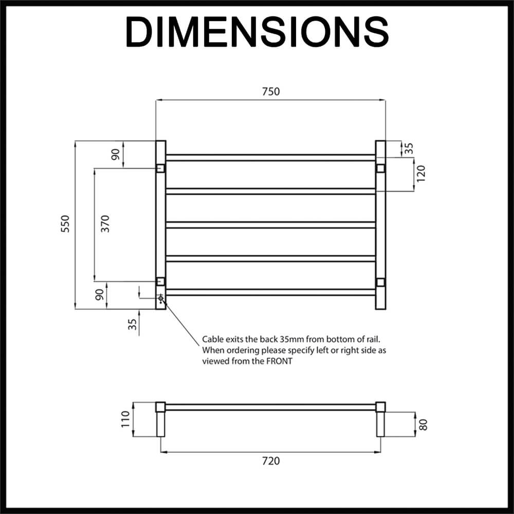 Radiant STR03 Square Bar Heated Towel Rail Dimensions