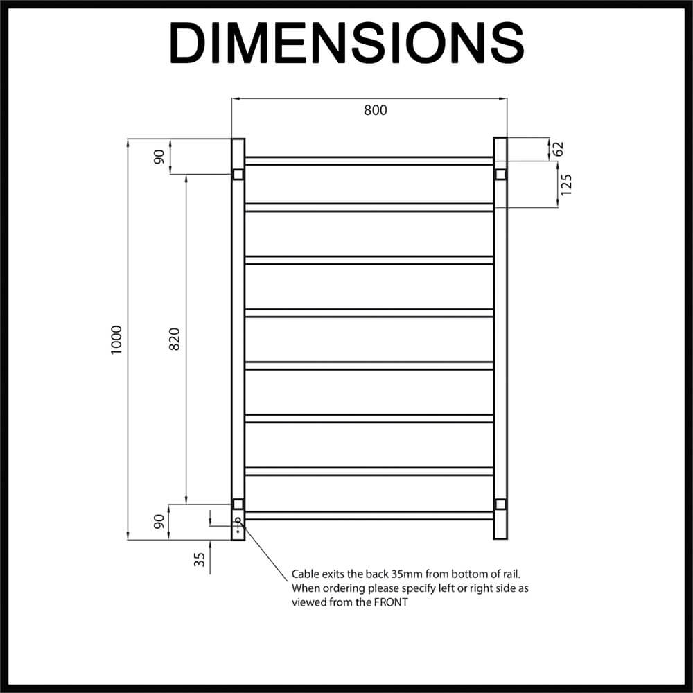 Radiant STR05 Square Bar Heated Towel Rail Dimensions