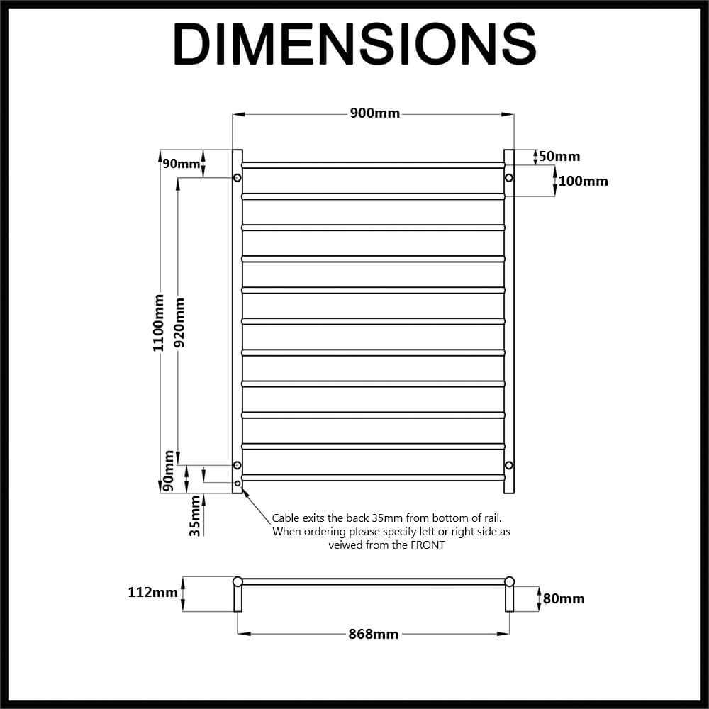 Radiant RTR05 Round Bar Heated Towel Rail Dimensions