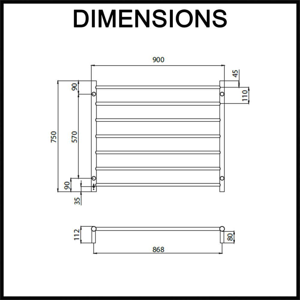Radiant RTR08 Round Bar Heated Towel Rail Dimensions