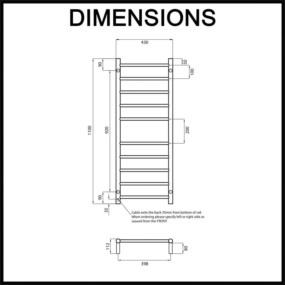 Radiant RTR430 Round Bar Heated Towel Rail Dimensions