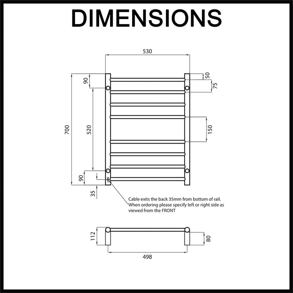 Radiant RTR530 Round Bar Heated Towel Rail Dimensions