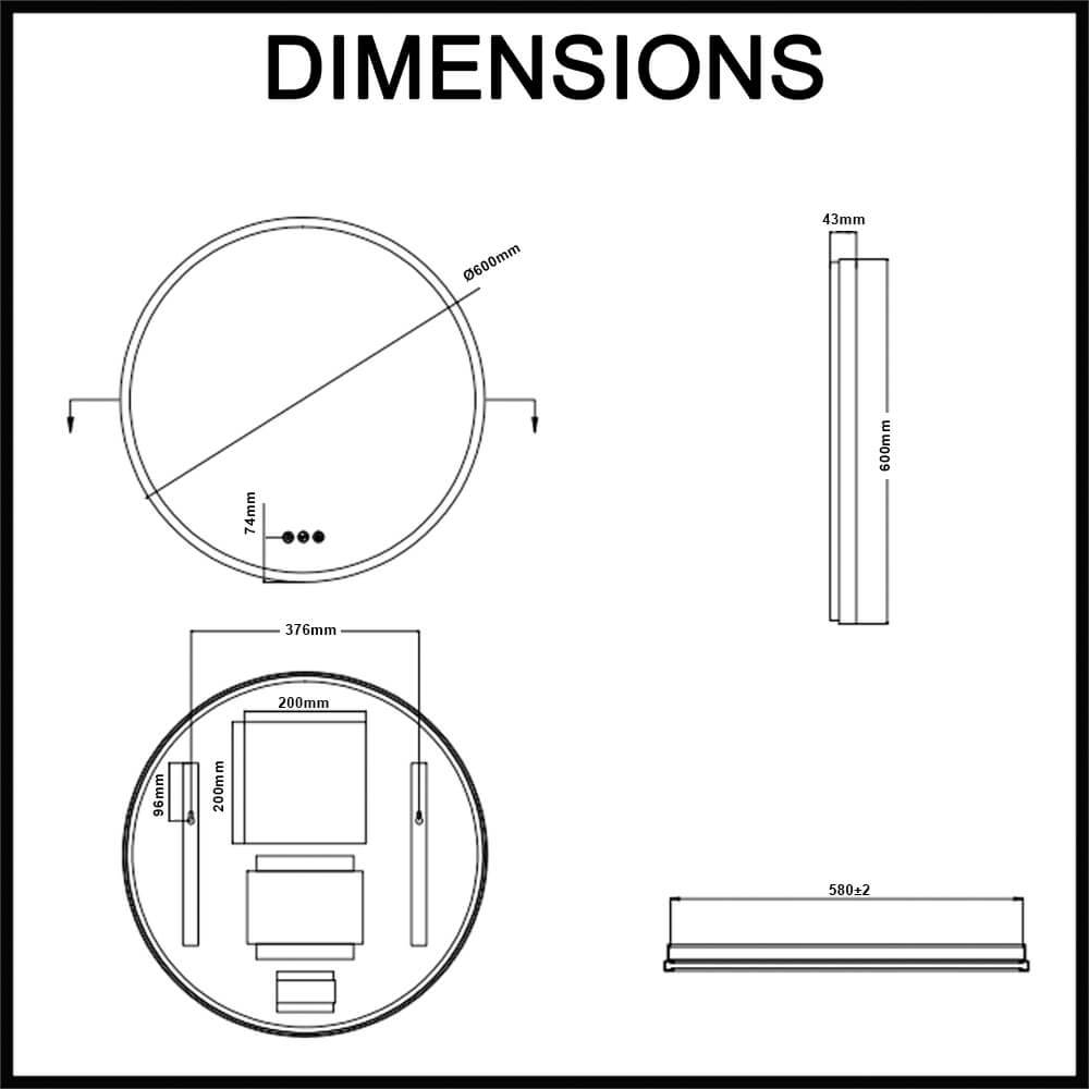 Euro Mirror Olek 600mm LED illuminated bathroom mirror dimensions guide