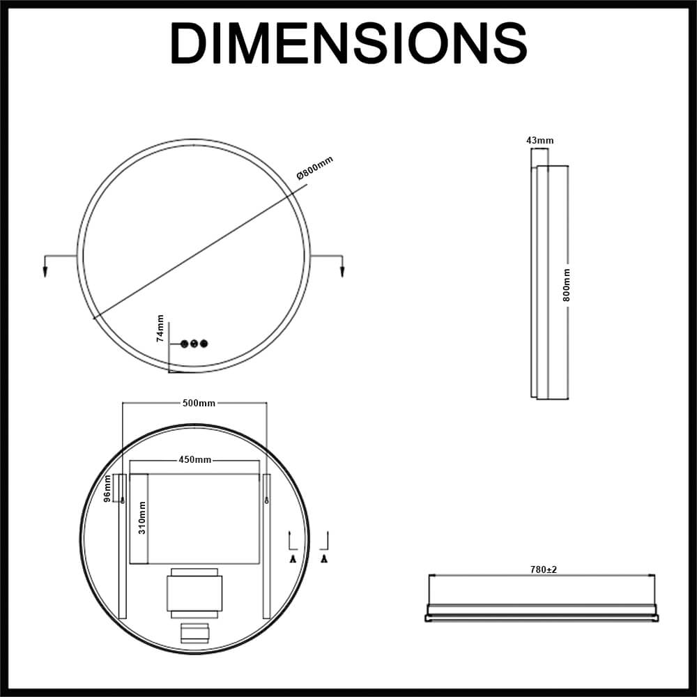 Euro Mirror Olek 800mm LED illuminated bathroom mirror dimensions guide