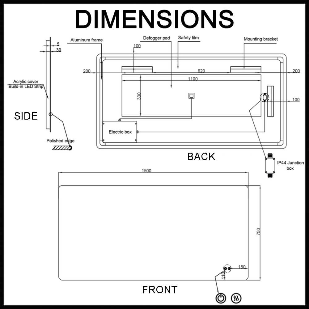 Asta S 1500mm Frameless LED Illuminated Mirror Dimensions Guide