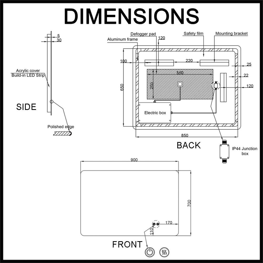 Asta S 900mm Frameless LED Illuminated Mirror Dimensions Guide