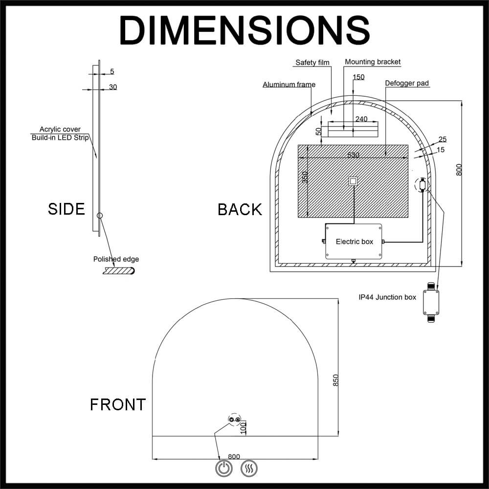 Aura S 800mm Frameless LED Illuminated Mirror Dimensions Guide