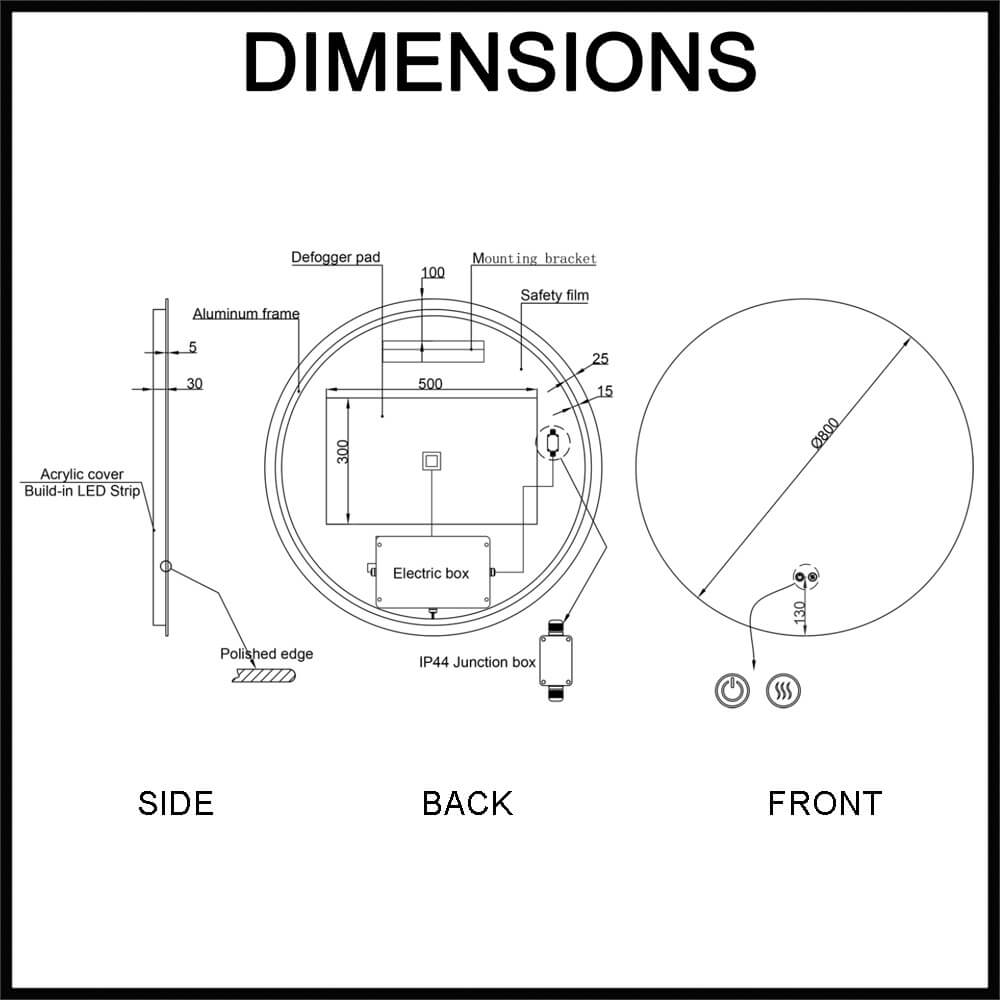 Circo S 800mm Frameless Round LED Illuminated Mirror Dimensions Guide