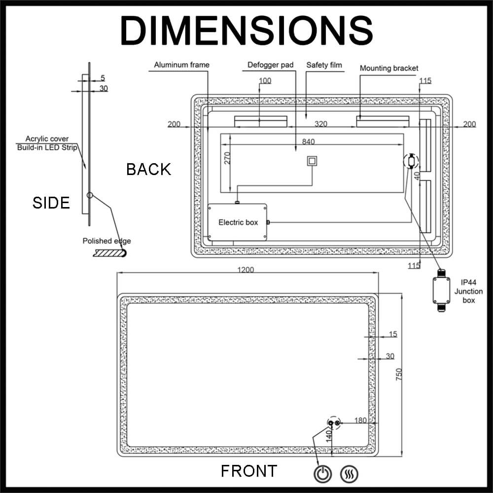 Lume S 1200mm Frameless LED Illuminated Mirror Dimensions Guide