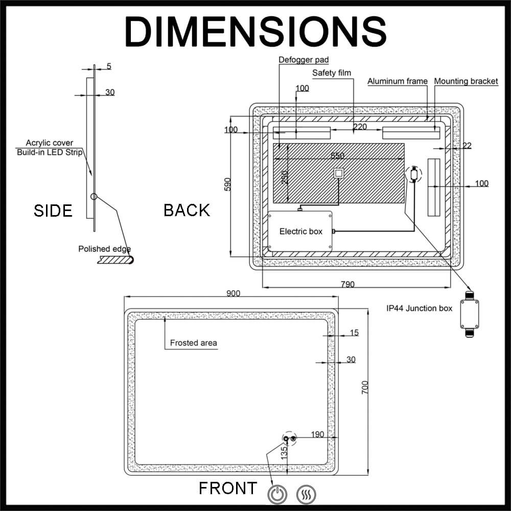 Lume S 900mm Frameless LED Illuminated Mirror Dimensions Guide