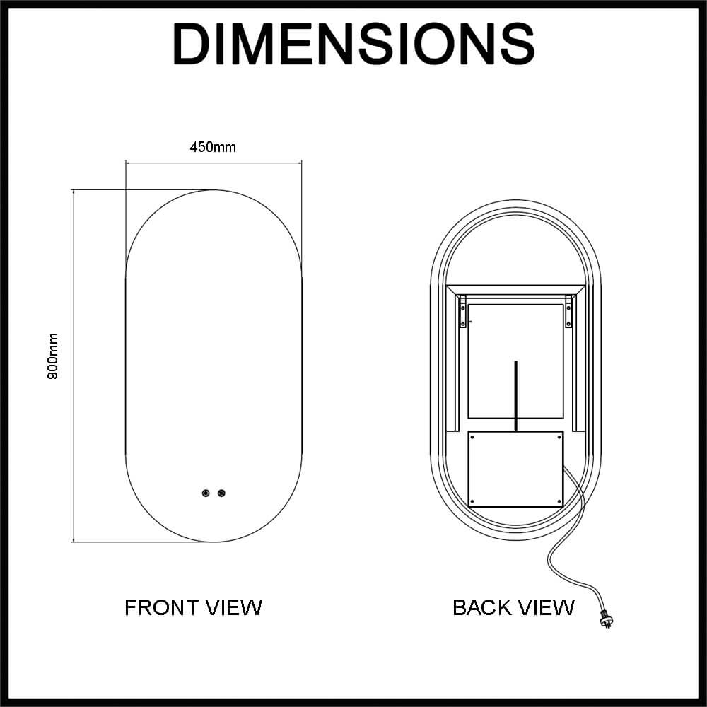 Navona 450mm Frameless Oval LED Illuminated Mirror Dimensions Guide