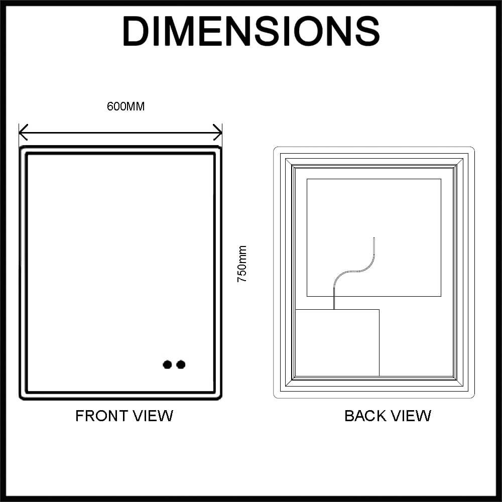 Navona 600mm x 750mm Curved Rim Rectangle LED Illuminated Mirror Dimensions Guide