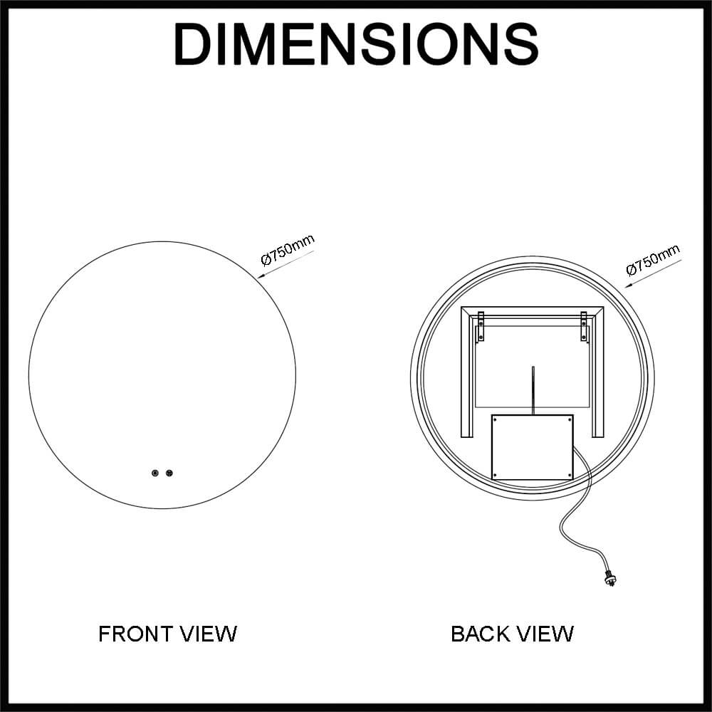 Navona 750mm Frameless Round LED Illuminated Mirror Dimensions Guide