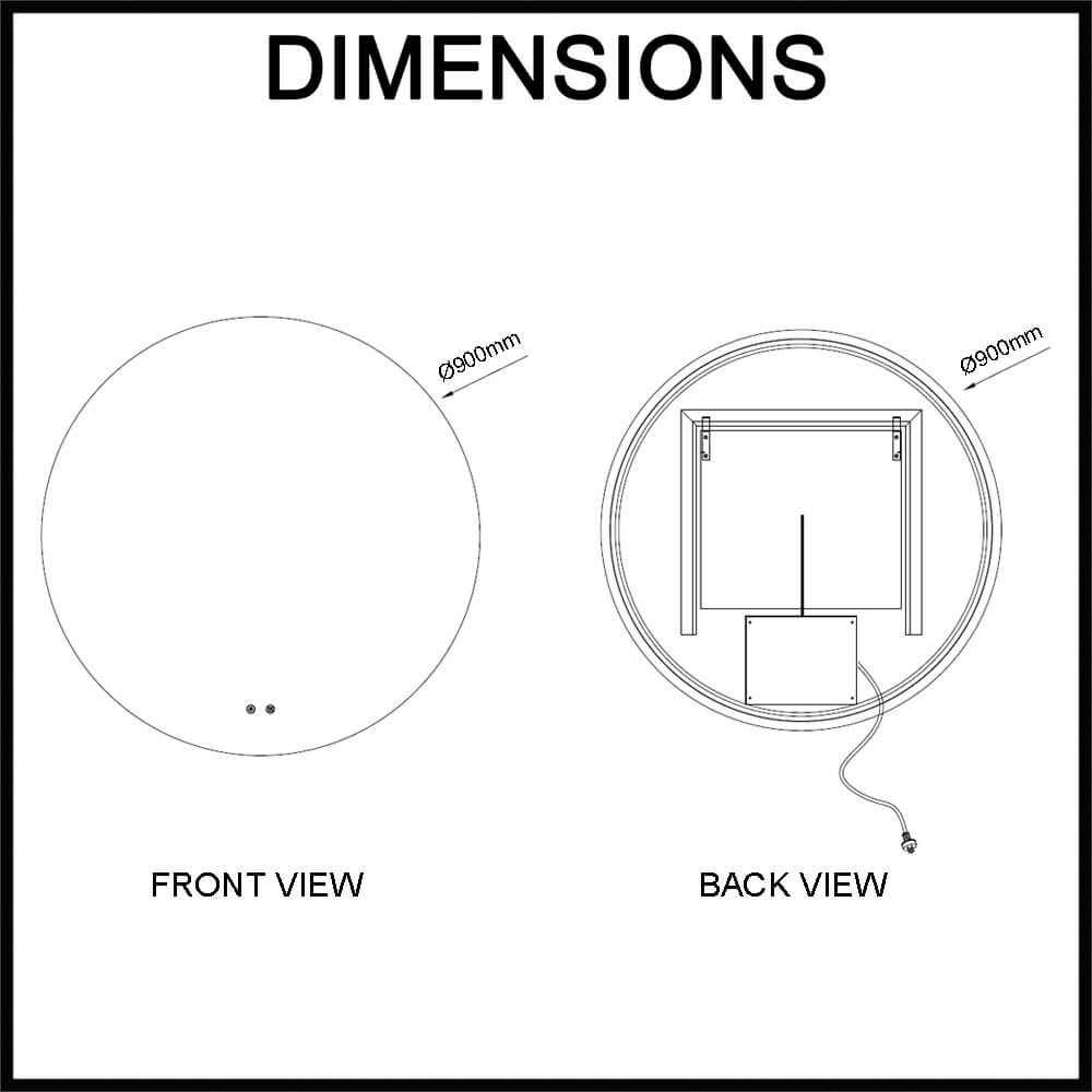 Navona 900mm Frameless Round LED Illuminated Mirror Dimensions Guide