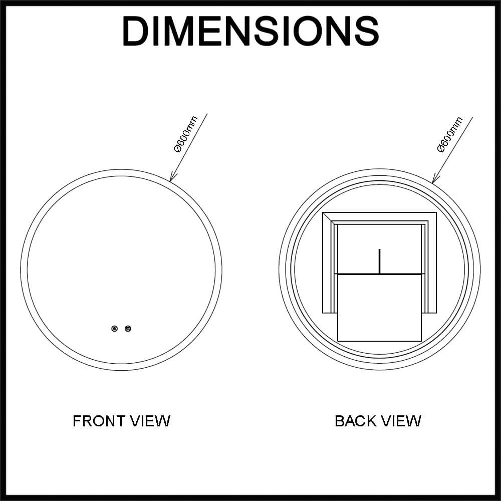 Navona 600mm Round LED Illuminated Mirror with Rim Dimensions Guide