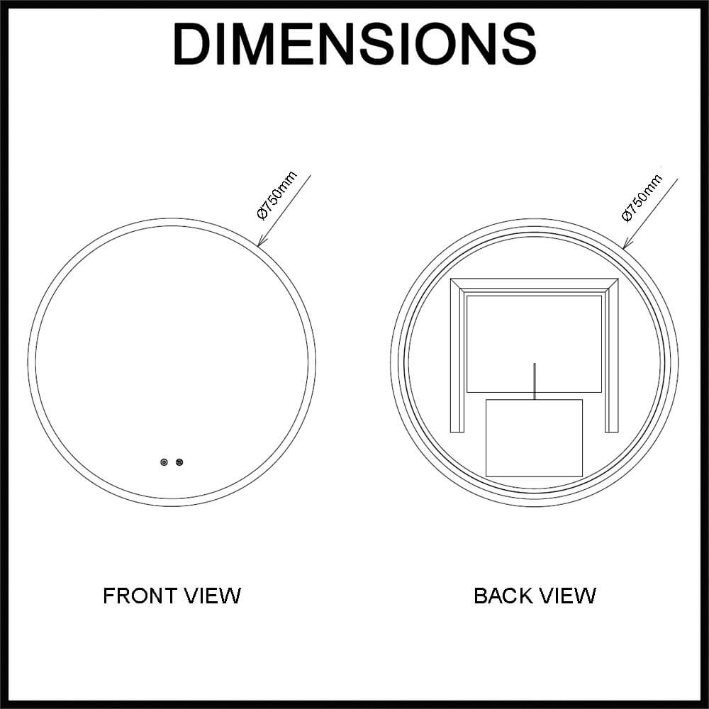 Navona 750mm Round LED Illuminated Mirror with Rim Dimensions Guide