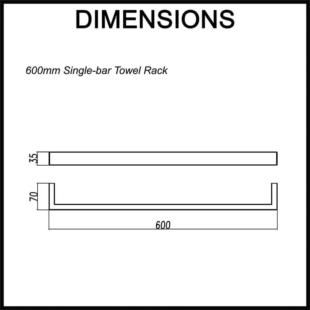 Cavallo Square Single Towel Rail 600mm - Dimensions