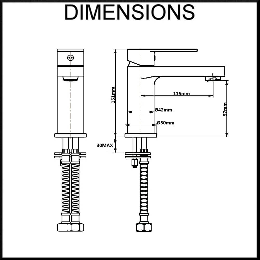 Prato Bathroom Single Lever Basin Mixer Tap Dimensions
