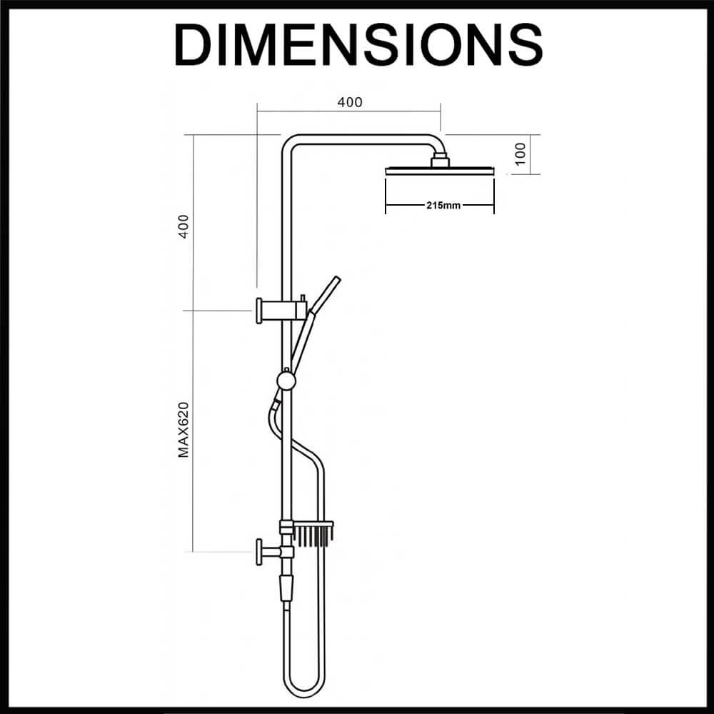 Alder shower station with 215mm rain shower head hand spray and soap basket dimensions