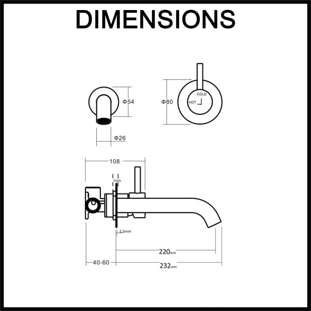 WISH2 Wall Basin Bath Mixer Set - 220mm - Matte Graphite Dimensions