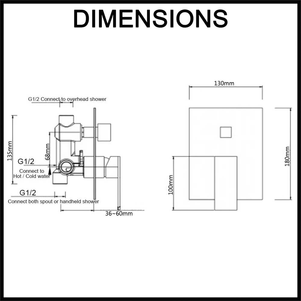 Blaze Matte Black Bath/Shower Mixer Diverter Dimensions