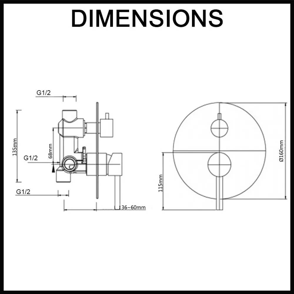 Echo Round Matte Black Shower/Bath Mixer Diverter Dimensions