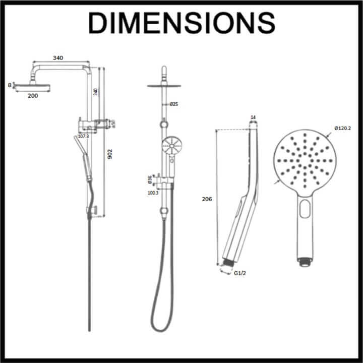 Fontaine Rosa Twin Shower Head and Handheld with Full Rail Dimensions