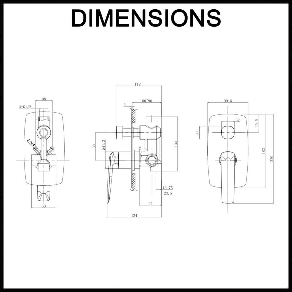 Norico Bellino Wall Mixer with Diverter - Dimensions