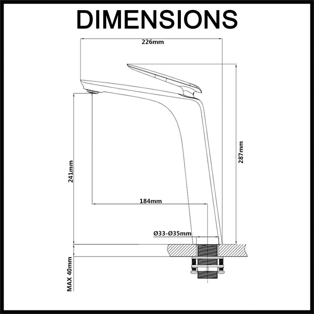 Norico Bellino Tall Basin Mixer Dimensions