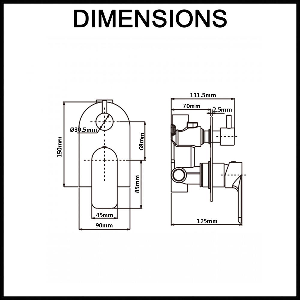 Persano Solid Brass Wall Mixer with Diverter Dimensions