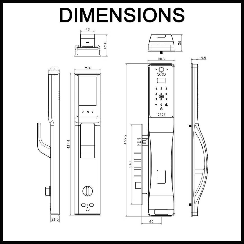 Auslock Space Alloy A519 Smart Push-Pull Lock Door Lock - 456mm - Dimensions