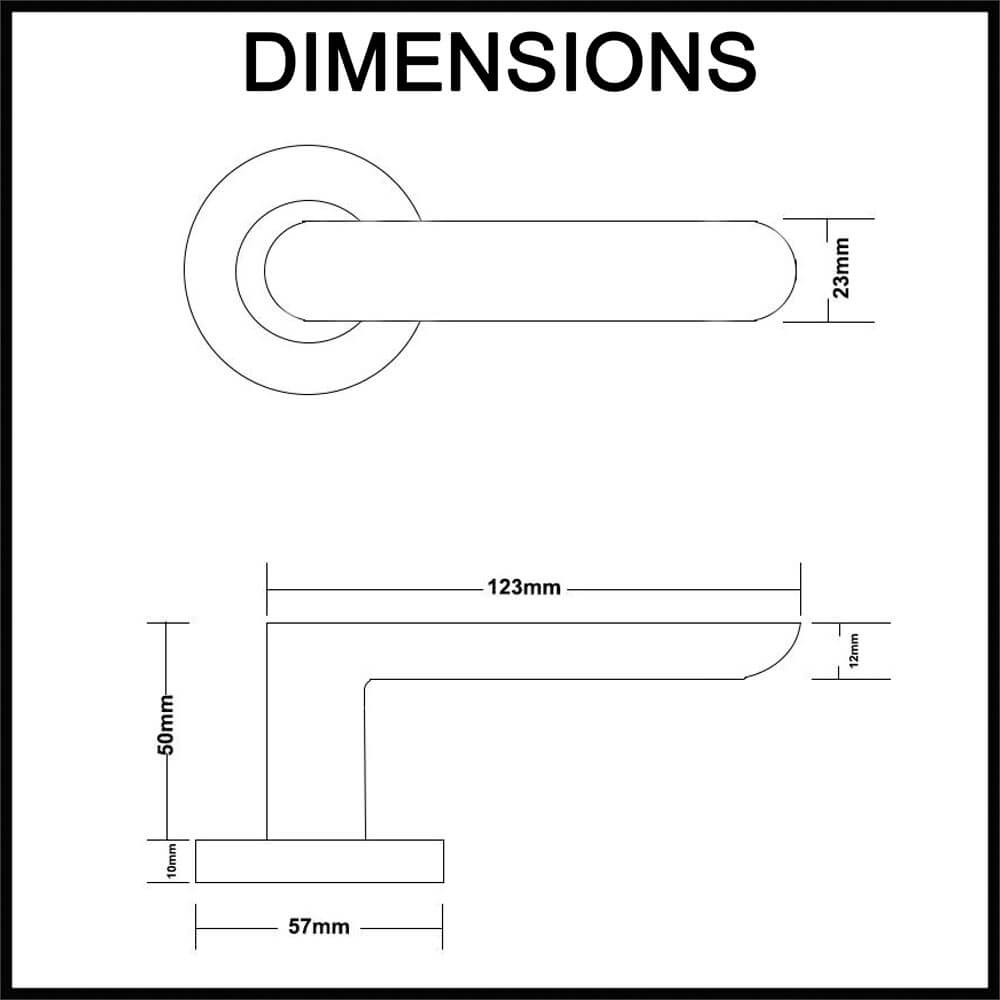 Fairhaven Privacy Door Lever Handle with Round Rose Dimensions Guide