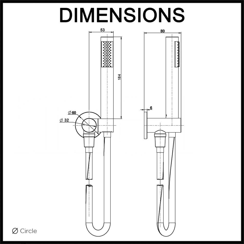 Meir round brass hand shower bath set with bracket dimensions guide
